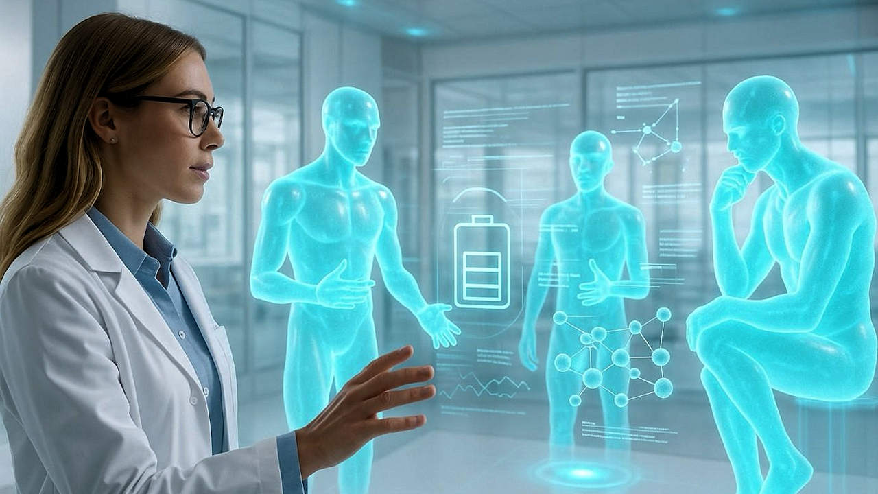 Künstlerische Darstellung des Multiagentensystems, bei der eine wissenschaftliche Userin einen Prompt an die Agenten des Netzwerks weitergibt, um Vorschläge für neue Materialien zu generieren. (Quelle: Uni Byreuth/Ciucci/Midjourney)