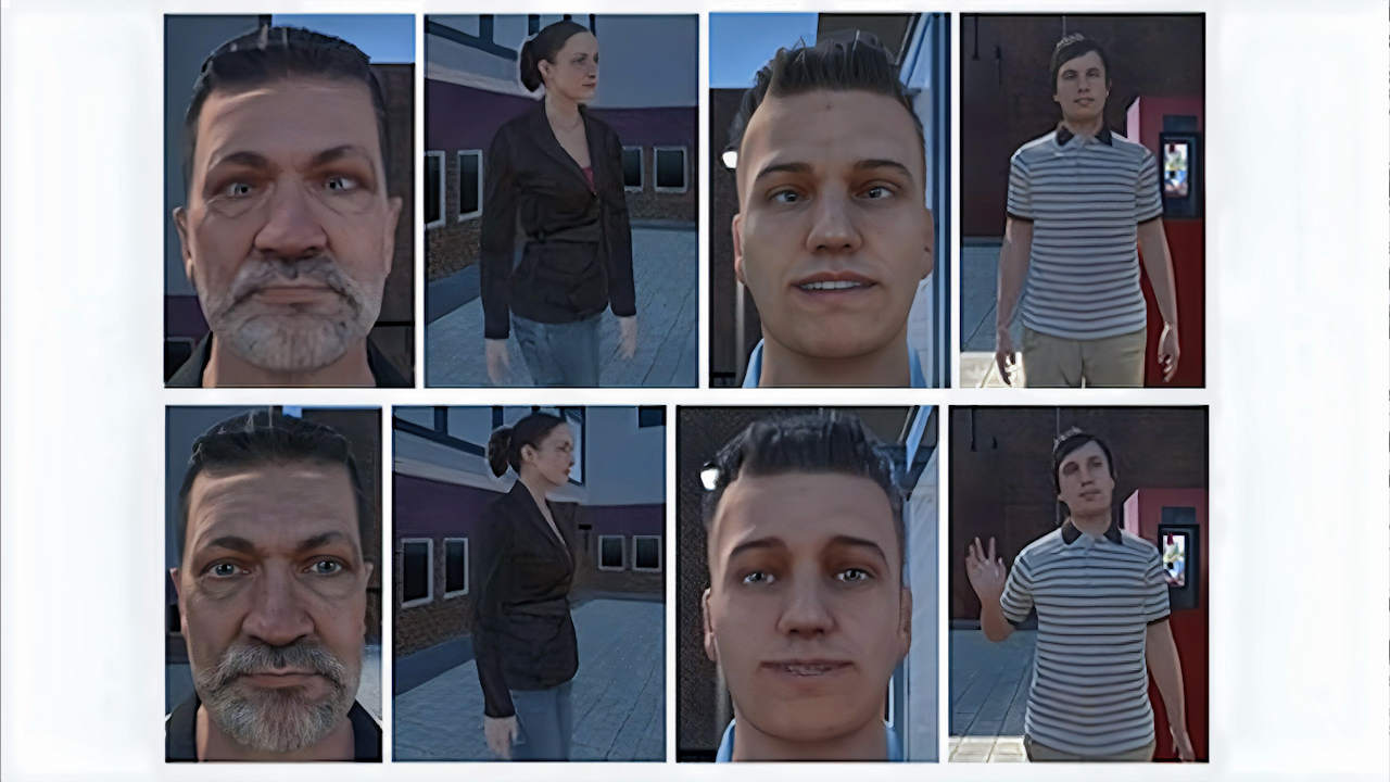 Augen, Haltung, Lächeln: „Virtuelle Agenten“, die unheimlich aussahen (oben), lösten bei den Testpersonen eine Immunantwort aus. Die optimierten VA (unten) dagegen nicht. (Quelle: Uni-Hamburg)